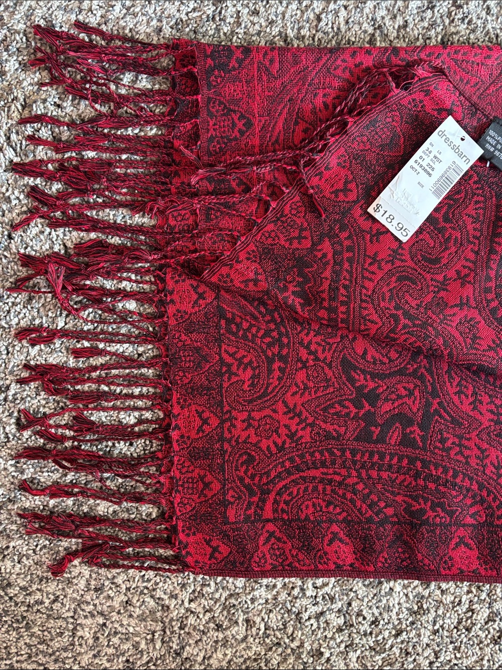 dressbarn Red and Black Paisley Fringe Wrap Scarf